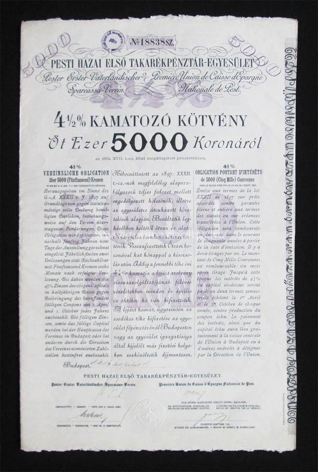 Pesti Hazai Elsõ Takarékpénztár 4,5% kötvény 5000 korona 1918